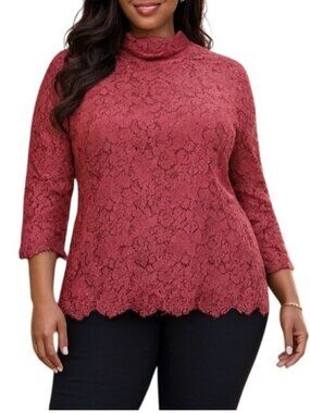 Appleseeds Size 14 Top Red Lace Mock Neck 3/4 Sleeves Scalloped Hem Back Zip
